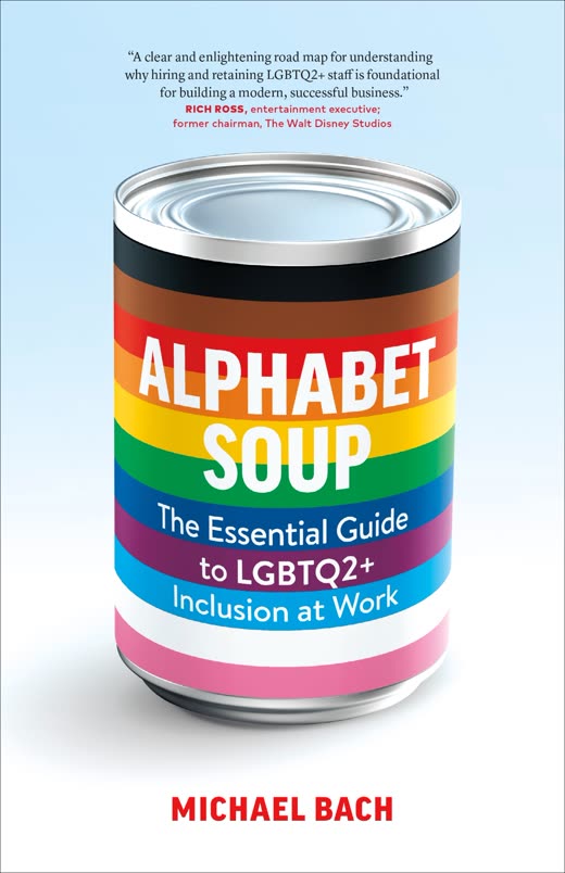 Cover of Alphabet Soup by Michael Bach: a rainbow-striped soup can with the title in white block letters.